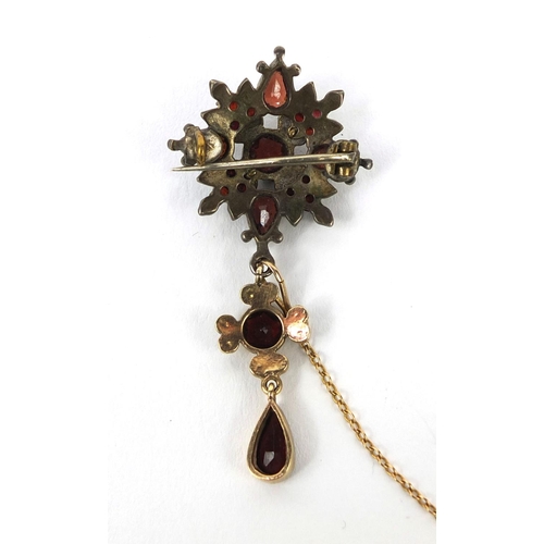 2629 - Gilt metal garnet cluster brooch and silver four tier garnet ring, size M, approximate weight 10.0g