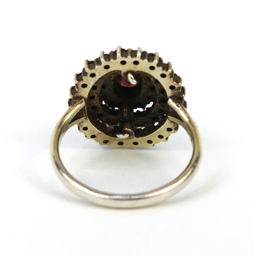 2629 - Gilt metal garnet cluster brooch and silver four tier garnet ring, size M, approximate weight 10.0g