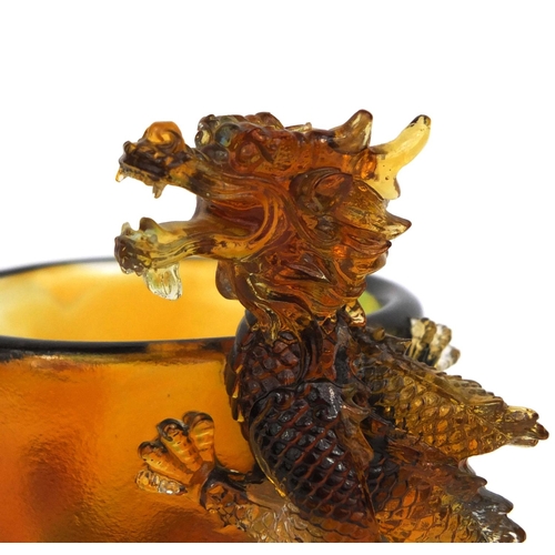 2237 - Chinese amber coloured Tittot glass vase decorated in relief with two water dragons, etched characte... 