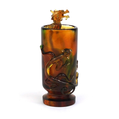 2237 - Chinese amber coloured Tittot glass vase decorated in relief with two water dragons, etched characte... 