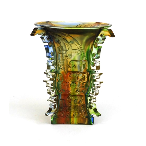 2236 - Chinese multi coloured Tittot glass vase with four handles decorated in relief, etched character mar... 