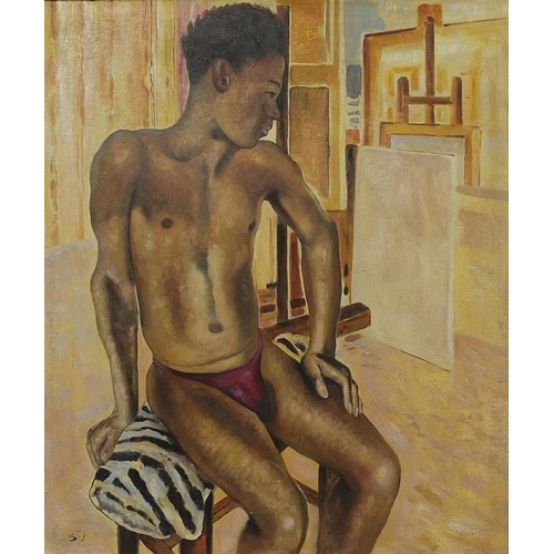 2345 - Oil onto board semi-nude male model, bearing a monogram SJ?, ornately framed, 60cm x 49cm excluding ... 