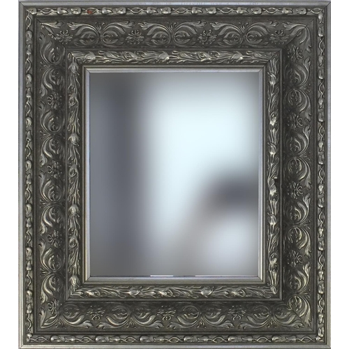 2078 - Silvered ornate framed bevelled edge mirror, 51cm x 46cm