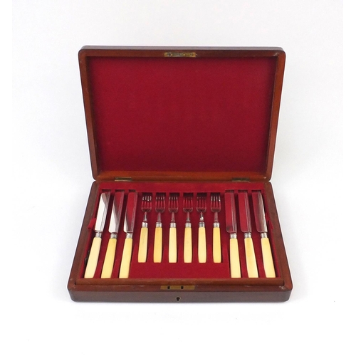 2050 - Set of twelve silver plated fish knives and forks with ivory handles, housed in a fitted mahogany ca... 
