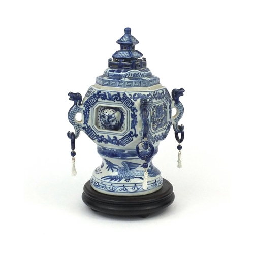 2276 - Chinese blue and white porcelain incense burner with dragon handles, hand painted with dragons chasi... 