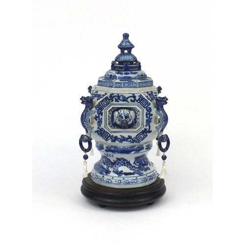 2276 - Chinese blue and white porcelain incense burner with dragon handles, hand painted with dragons chasi... 