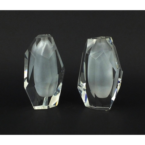 2364 - Pair of Rosenthal studio-line clear and frosted glass vases with faceted decoration, etched marks to... 