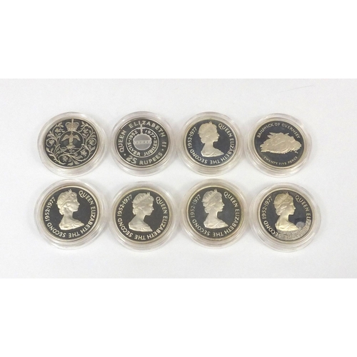 2718 - Eight silver proof 1977 Silver Jubilee crowns housed in a fitted Spink & Son case including United K... 