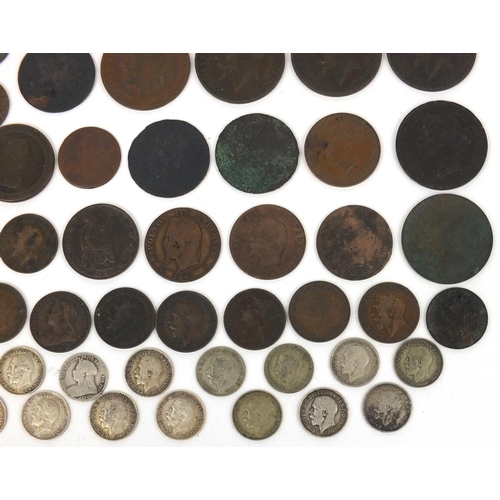 2781 - 18th Century and later British and world coinage, some silver, including 1883 halfpenny, farthing an... 