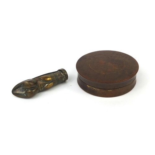 2392 - Novelty brass horse hoof vesta, together with a hardwood tobacco box, the box 9cm diameter