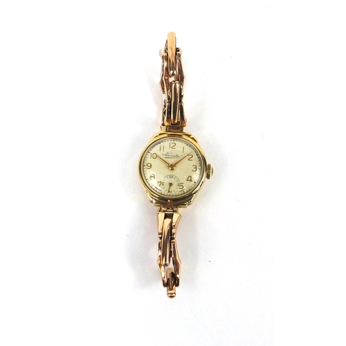 2570 - 9ct gold ladies Everite wristwatch with 9ct gold strap, 1.9cm in diameter, approximate weight 13.4g