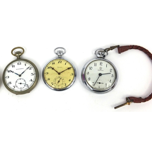 2673 - Five gentleman's open face pocket watches including Tiega, Mysteria and Pinnacle examples