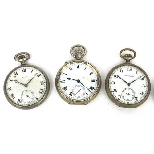 2673 - Five gentleman's open face pocket watches including Tiega, Mysteria and Pinnacle examples