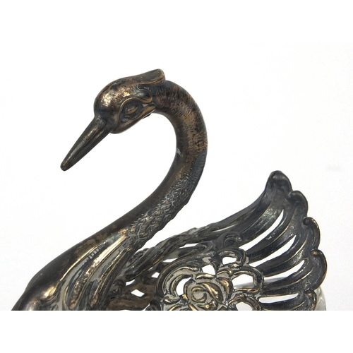 2450 - Silver and cut glass swan salt, stamped 835 W Germany, and a similar spoon, 7cm high