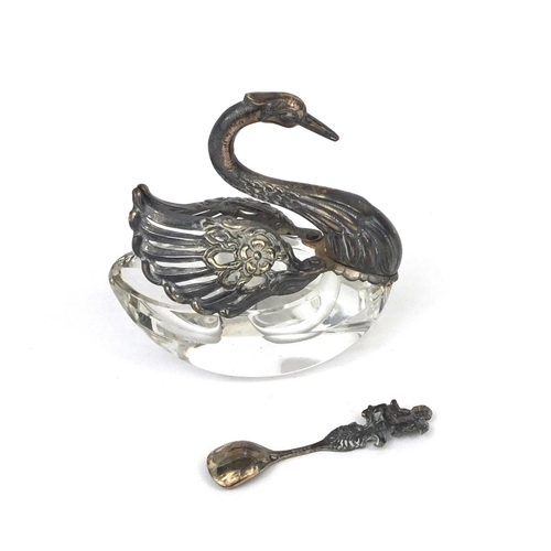 2450 - Silver and cut glass swan salt, stamped 835 W Germany, and a similar spoon, 7cm high