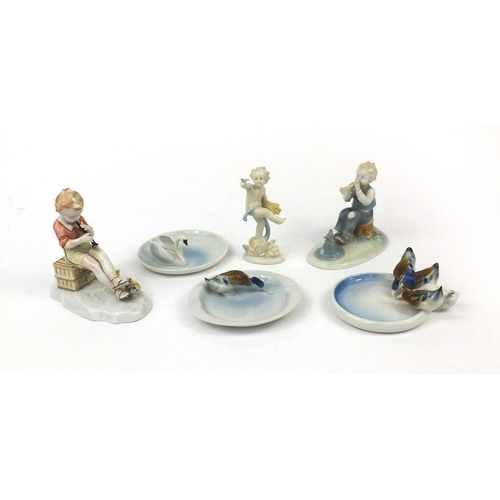 2175 - Group of six Metzler and Ortloff porcelain items including two pin dishes - one with four ducks, a s... 