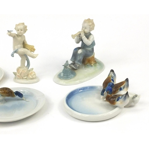 2175 - Group of six Metzler and Ortloff porcelain items including two pin dishes - one with four ducks, a s... 