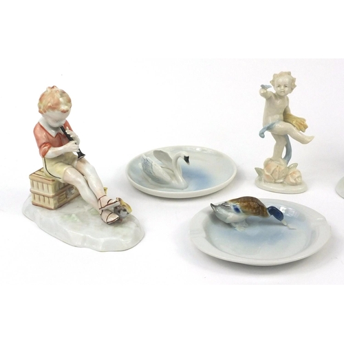 2175 - Group of six Metzler and Ortloff porcelain items including two pin dishes - one with four ducks, a s... 