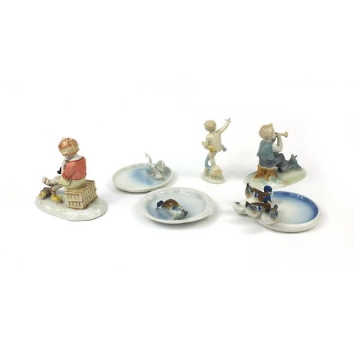 2175 - Group of six Metzler and Ortloff porcelain items including two pin dishes - one with four ducks, a s... 