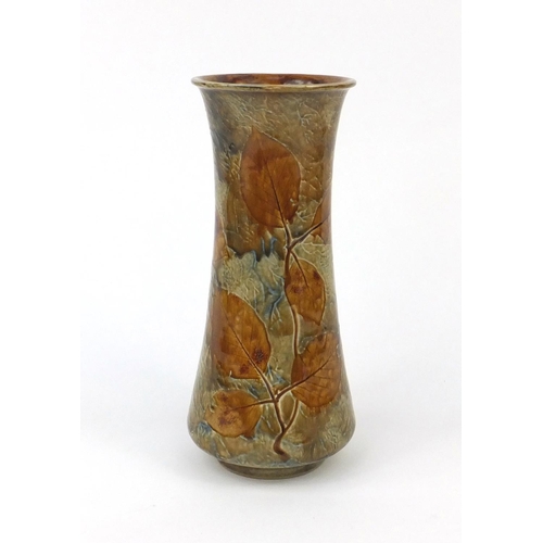 2315 - Royal Doulton stoneware vase hand painted with autumn leaves, factory marks and numbered 9605 to the... 