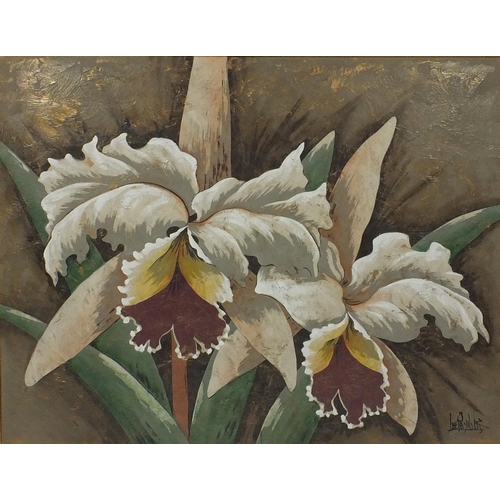 2348 - Oil onto canvas still life of lilies, bearing a signature Lee Reynolds, mounted and gilt framed, 125... 