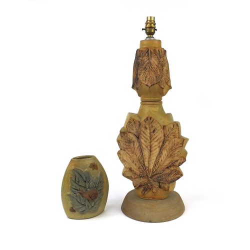 2220 - Bernard Rooke Studio pottery lamp base and vase  decorated with leaves,  butterflies and snails, eac... 