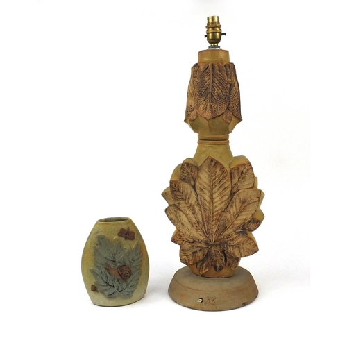 2220 - Bernard Rooke Studio pottery lamp base and vase  decorated with leaves,  butterflies and snails, eac... 