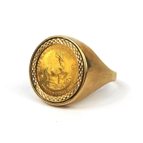 2517 - 1987 1/10th Krugerand gold coin set in a 9ct gold ring mount, size Q, approximate weight 8.0g