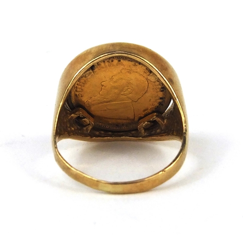 2517 - 1987 1/10th Krugerand gold coin set in a 9ct gold ring mount, size Q, approximate weight 8.0g