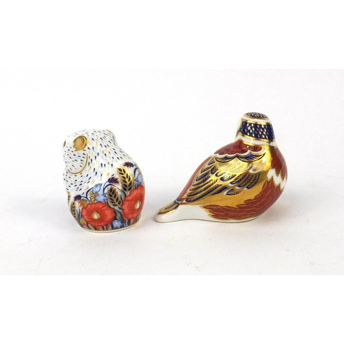 2184 - Two Royal Crown Derby paperweights, each with gold stoppers, comprising poppy mouse and a bird, the ... 