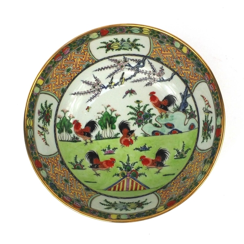 2375 - Oriental porcelain bowl hand painted with cockerels and flowers, 25.5cm diameter