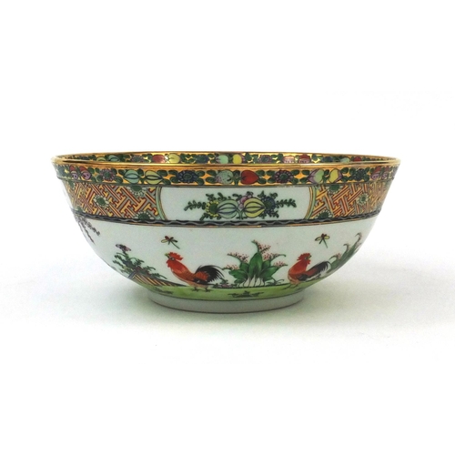 2375 - Oriental porcelain bowl hand painted with cockerels and flowers, 25.5cm diameter