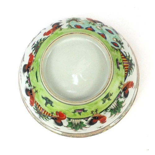 2375 - Oriental porcelain bowl hand painted with cockerels and flowers, 25.5cm diameter