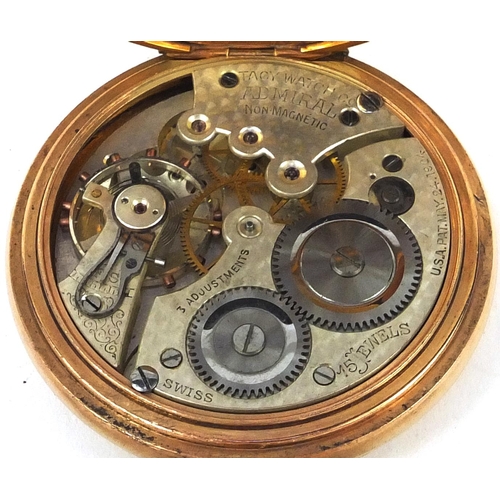 2627 - Tacy Watch Co Admiral gold plated open face pocket watch, 5cm diameter, housed in a fitted case