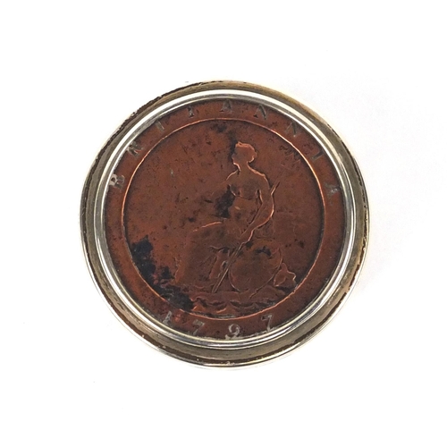 2443 - Cylindrical silver box and cover, the lid inset with a 1797 penny, London 1897, 4.3cm in diameter, a... 