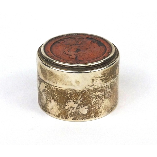 2443 - Cylindrical silver box and cover, the lid inset with a 1797 penny, London 1897, 4.3cm in diameter, a... 