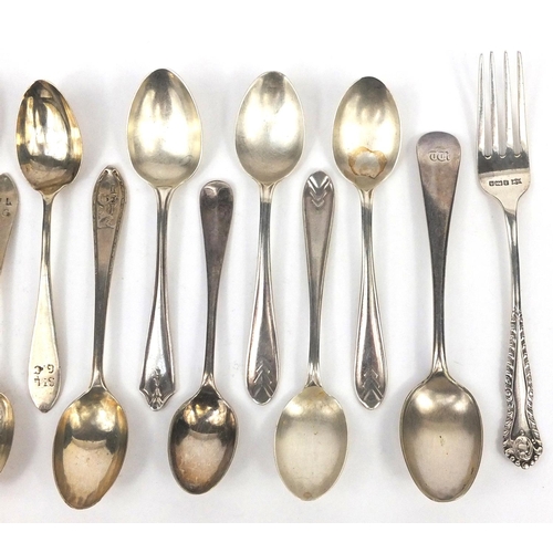 2468 - Twelve assorted silver teaspoons and a silver fork, various hallmarks, approximate weight 189.0g