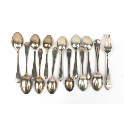 2468 - Twelve assorted silver teaspoons and a silver fork, various hallmarks, approximate weight 189.0g