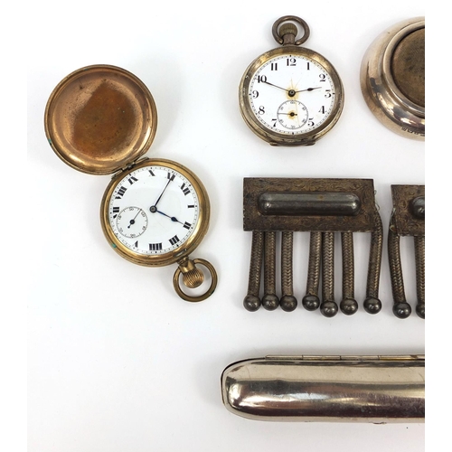 2391 - Objects including two pocket watches, one silver, a circular silver pin cushion, silver plated doubl... 