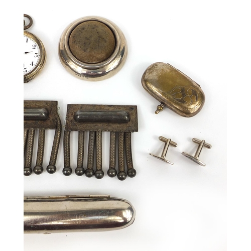 2391 - Objects including two pocket watches, one silver, a circular silver pin cushion, silver plated doubl... 