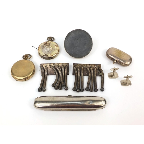 2391 - Objects including two pocket watches, one silver, a circular silver pin cushion, silver plated doubl... 