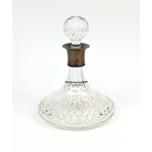 2483 - Cut glass ships decanter with silver collar and silver sherry decanter label, 23cm high