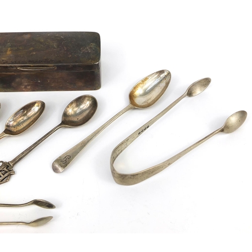 2456 - Georgian and later silver items comprising a rectangular box with hinged lid, spoons and sugar tongs... 