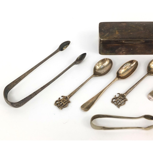 2456 - Georgian and later silver items comprising a rectangular box with hinged lid, spoons and sugar tongs... 