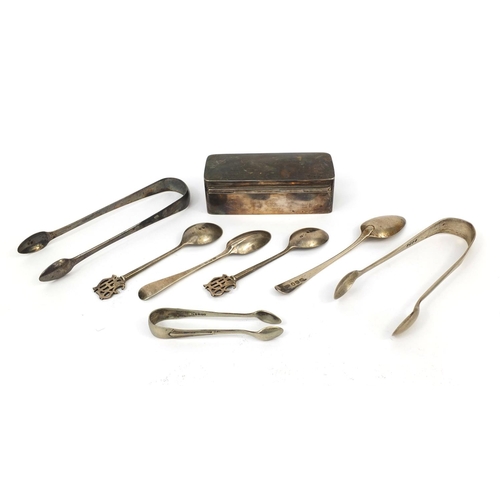 2456 - Georgian and later silver items comprising a rectangular box with hinged lid, spoons and sugar tongs... 