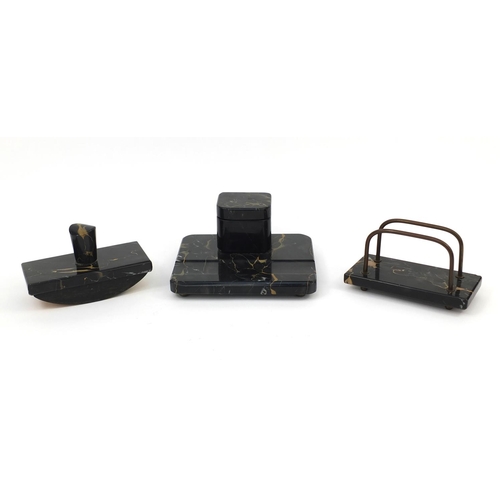 2370 - Three piece Italian gold veins nero portoro marble desk set comprising inkwell, ink blotter and lett... 