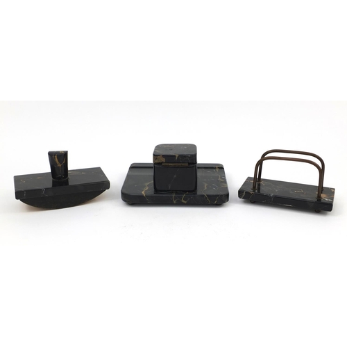 2370 - Three piece Italian gold veins nero portoro marble desk set comprising inkwell, ink blotter and lett... 