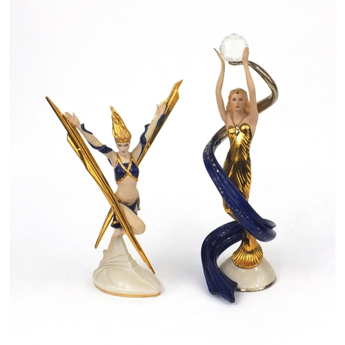 2221 - Two Franklin Mint figurines of Art Deco females comprising Galaxy in Gold and Lightning in Gold, eac... 