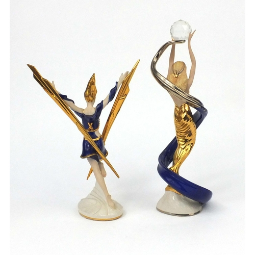 2221 - Two Franklin Mint figurines of Art Deco females comprising Galaxy in Gold and Lightning in Gold, eac... 