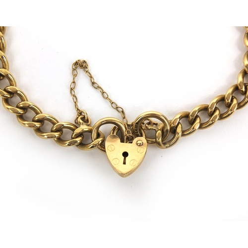 2526 - 9ct gold bracelet with love heart shaped padlock, 18cm long, approximate weight  15.2g